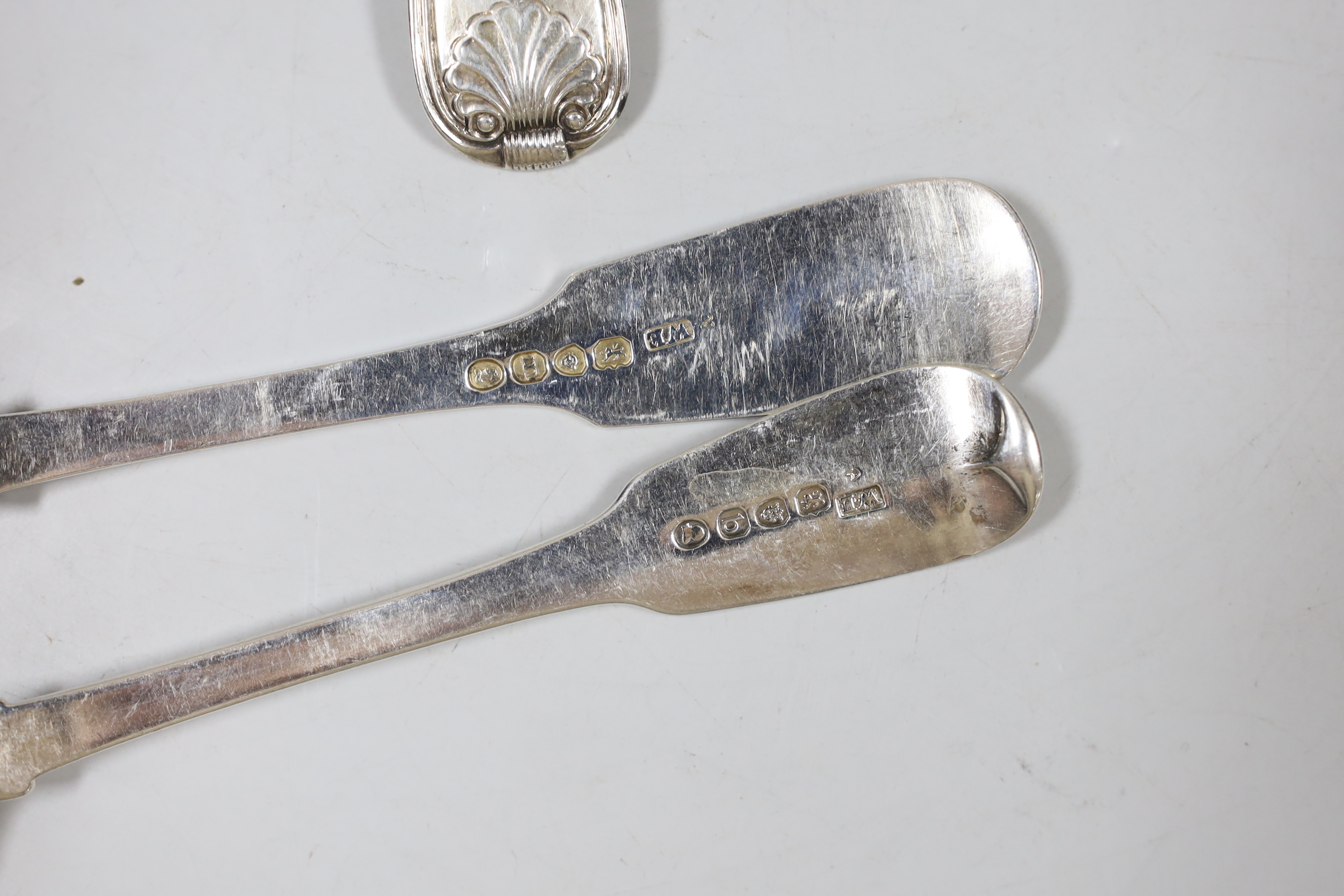 Eight assorted 19th century silver dessert spoons, various patterns, dates and makers, 11.9oz.